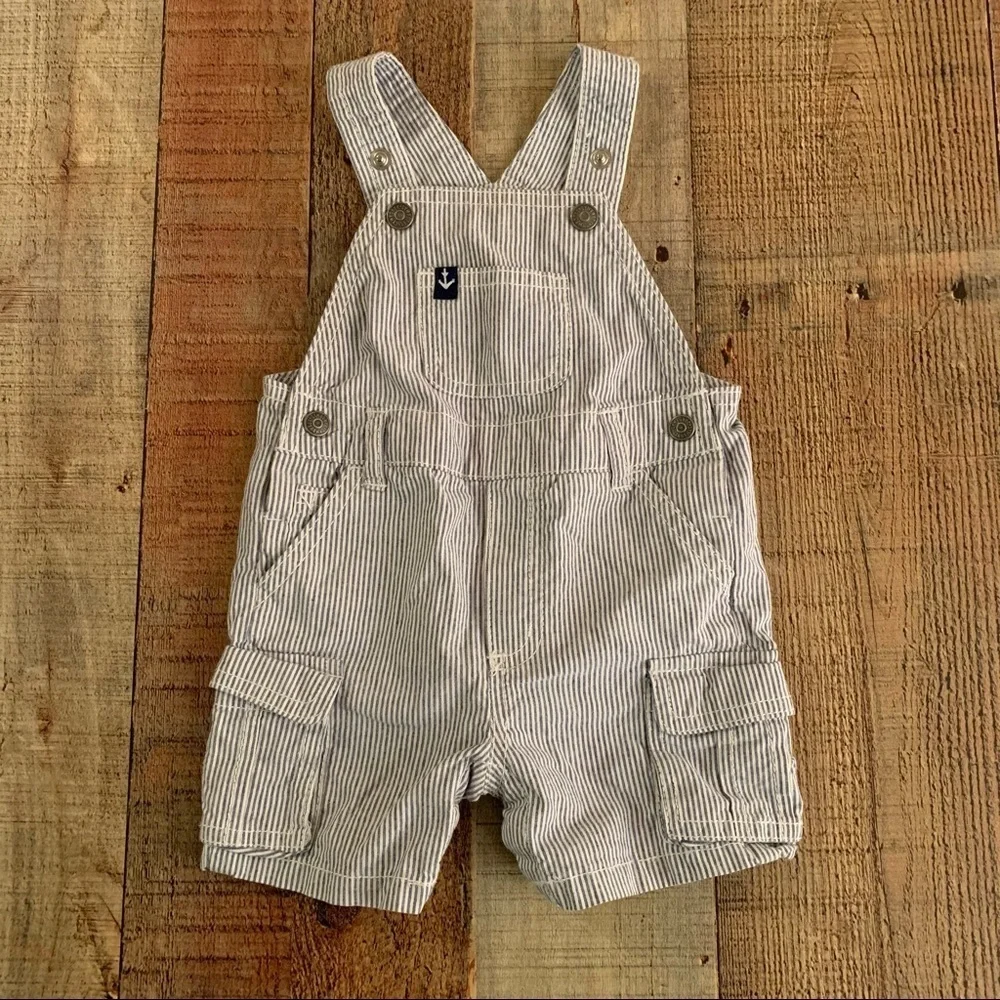 Gymboree baby boys blue and white striped overall shorts with cargo pockets